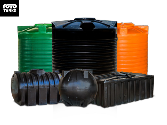 A collection of colorful plastic water tanks by Rotomoulders, showcasing various sizes and designs.